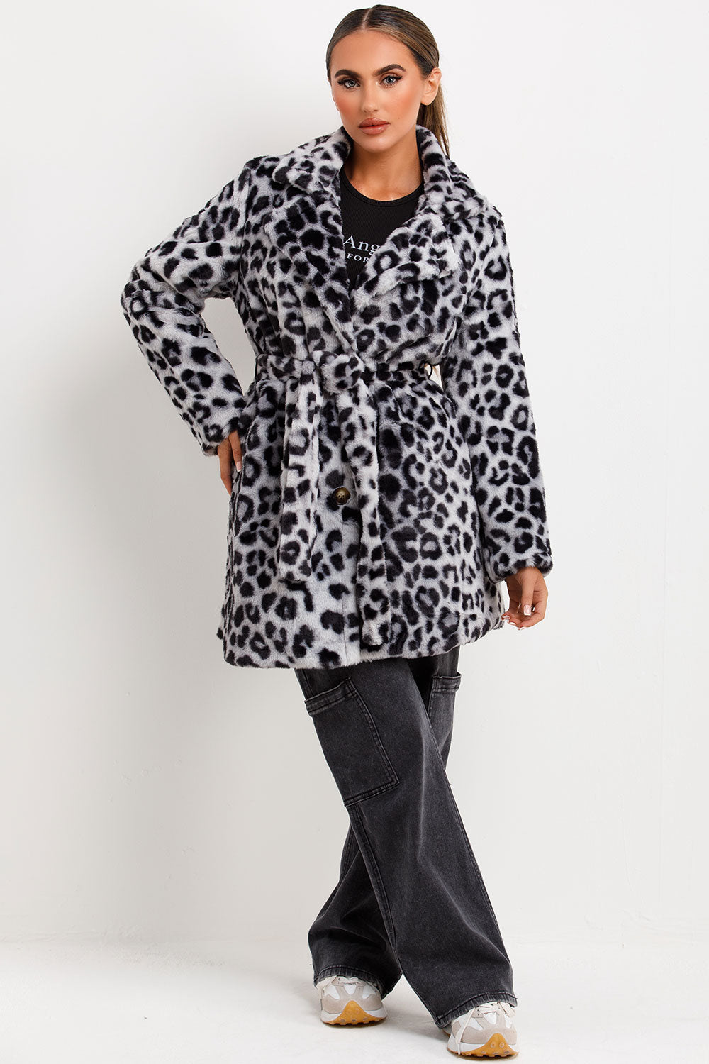 Leopard Print Faux Fur Coat With Belt And Lapel Collar Grey