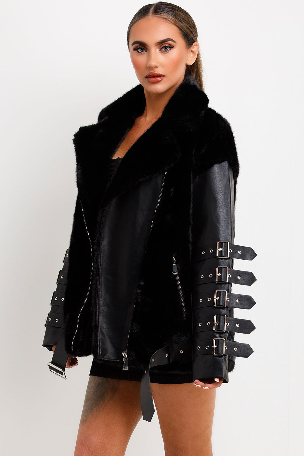 Faux Fur Faux Leather Aviator Jacket With Strap Sleeve Detail Black