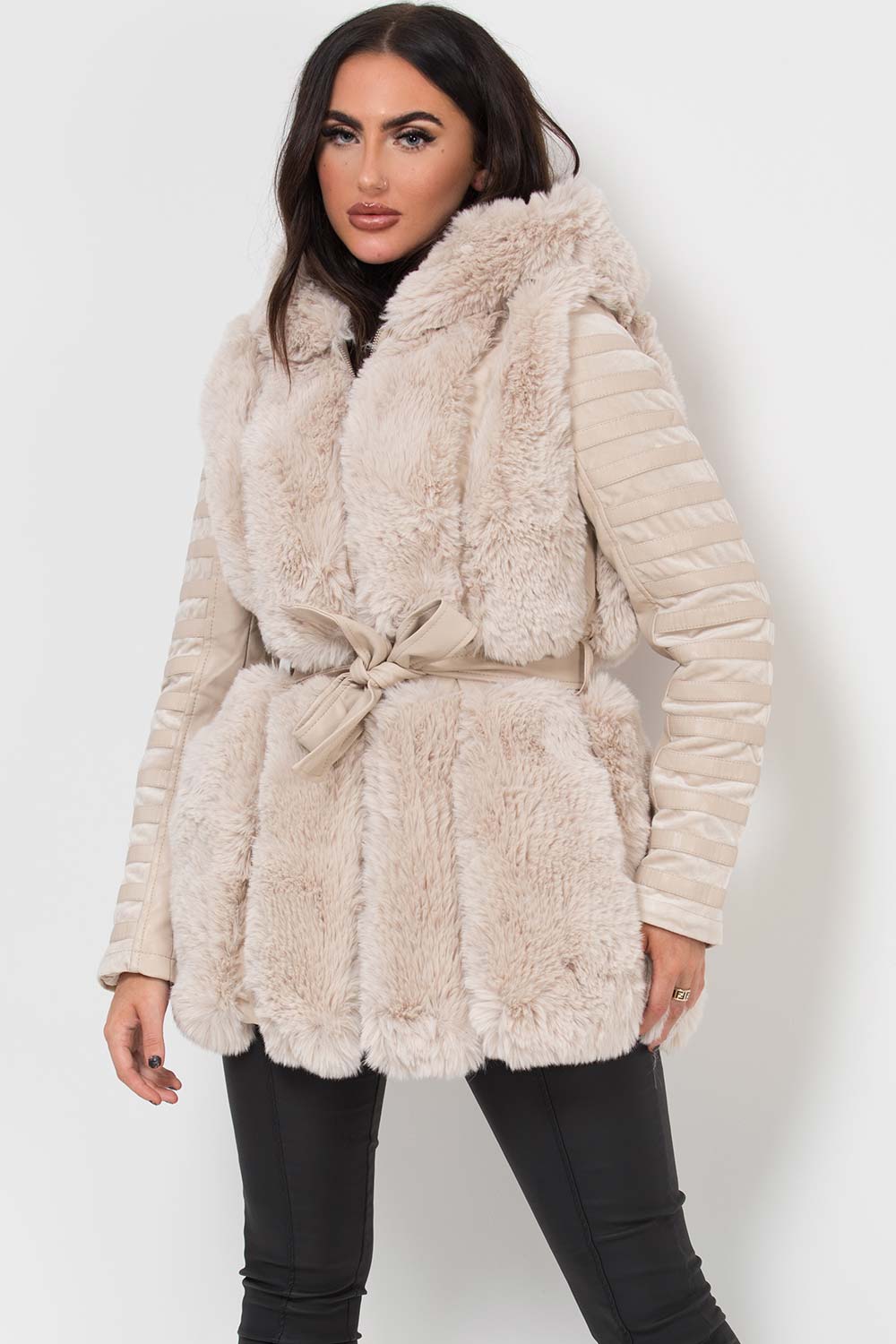 Faux Fur Faux Leather Hooded Panelled Sleeve Jacket Cream