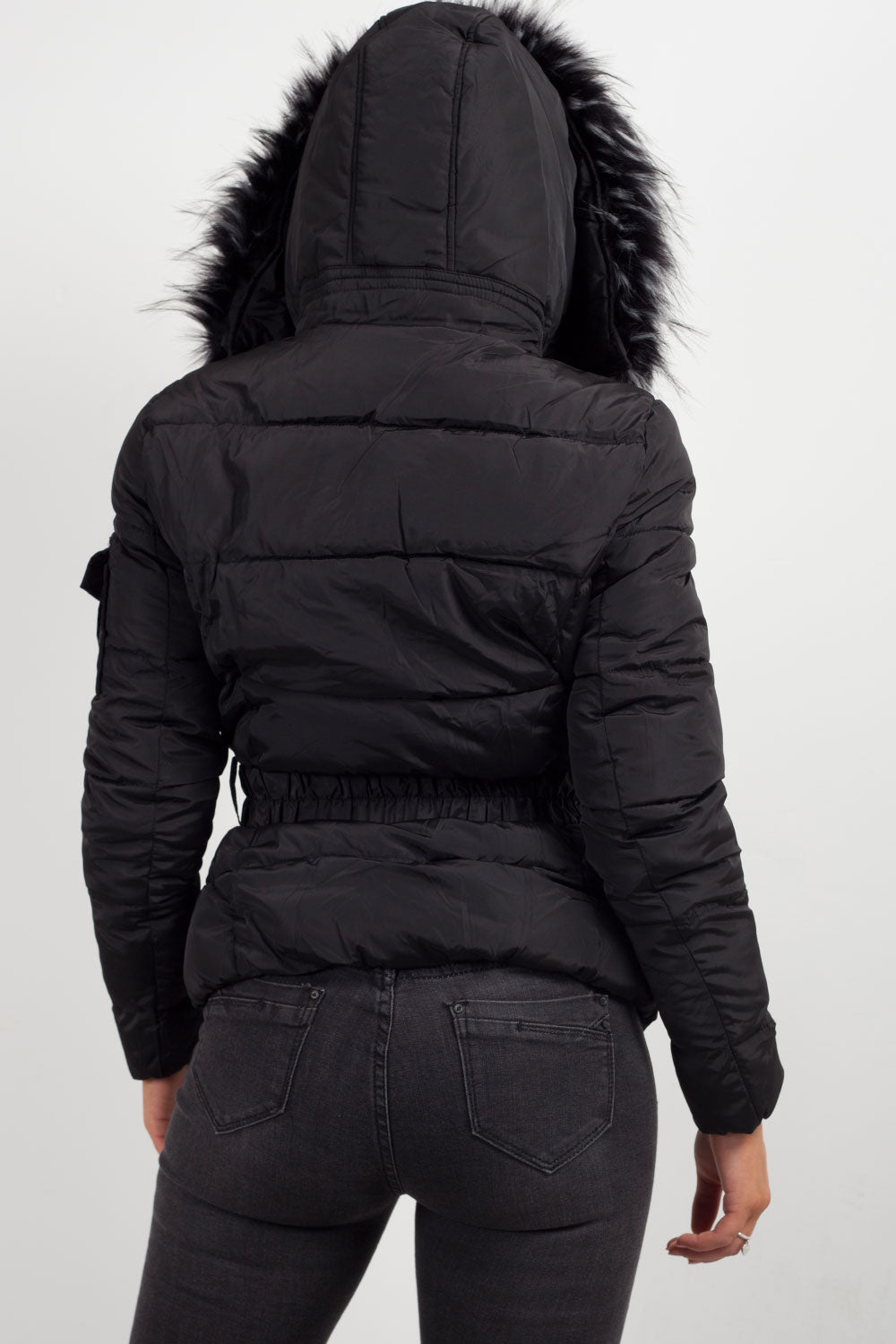 Faux Fur Hooded Jacket With Belt