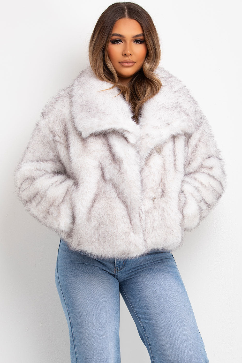 White Faux Fur Jacket With Collar