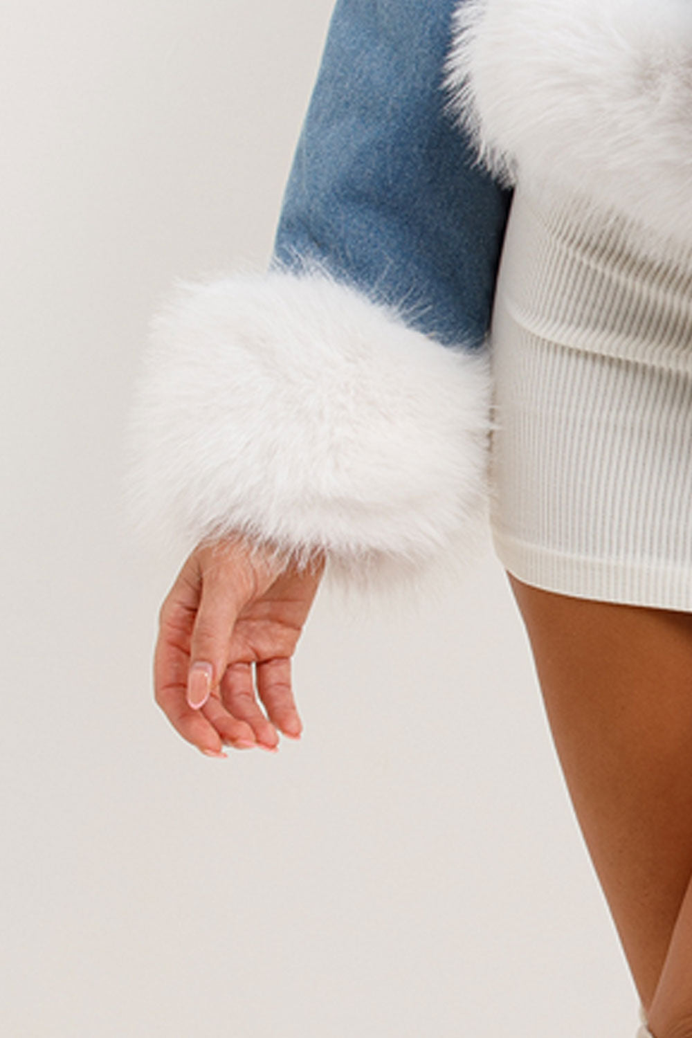 White Fur Denim Jacket With Belt