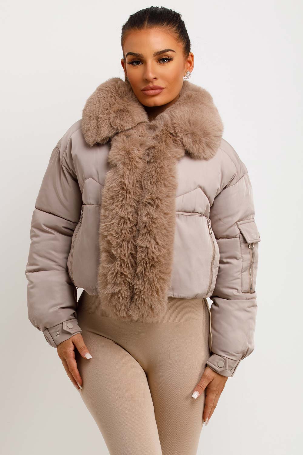 Puffer Jacket With Fur Trim Beige