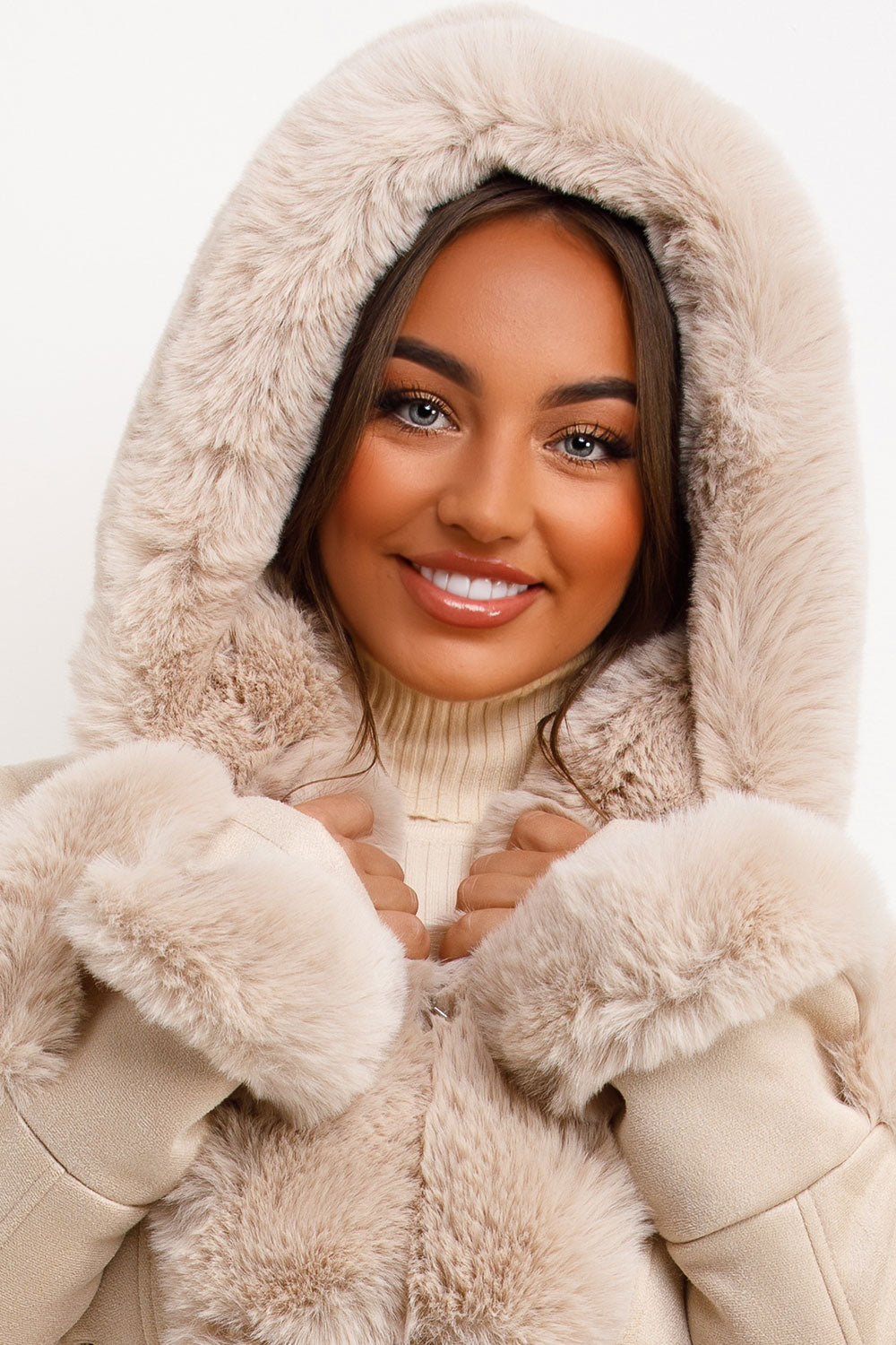 Faux Fur Faux Suede Jacket With Belt Beige