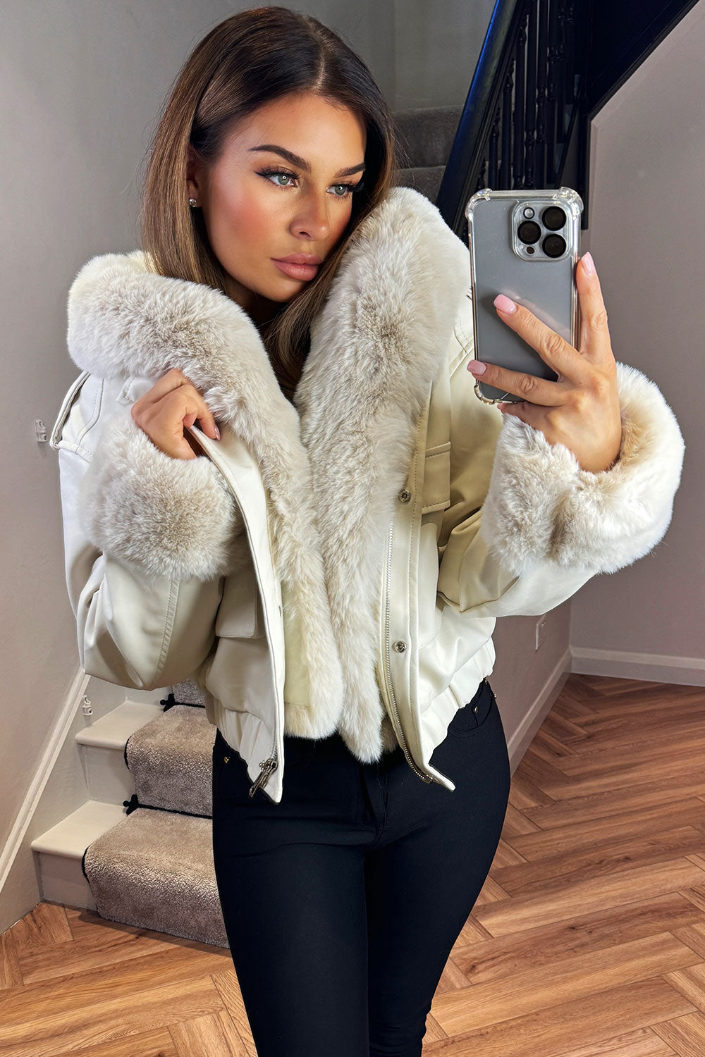 Faux Fur Bomber Jacket In Faux Leather Beige