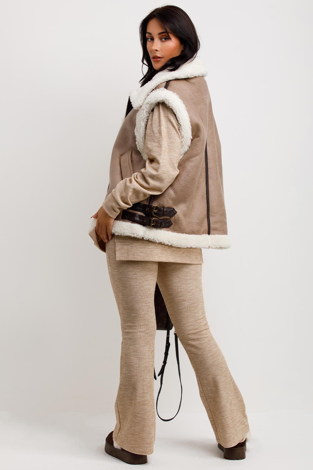 Faux Shearling Aviator Gilet In Faux Leather Beige