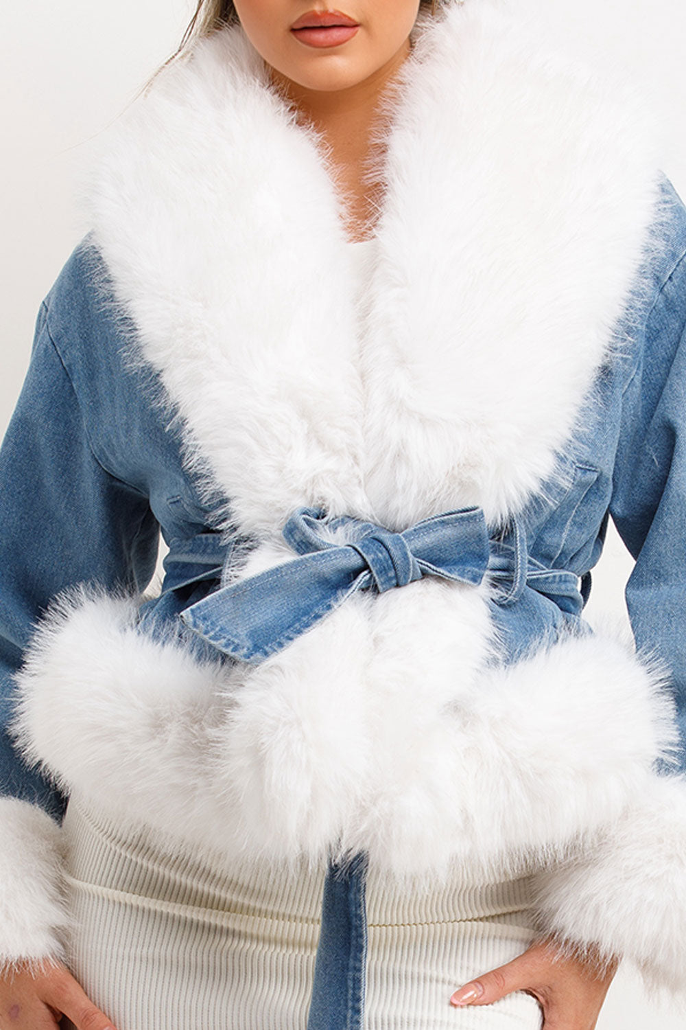 White Fur Denim Jacket With Belt