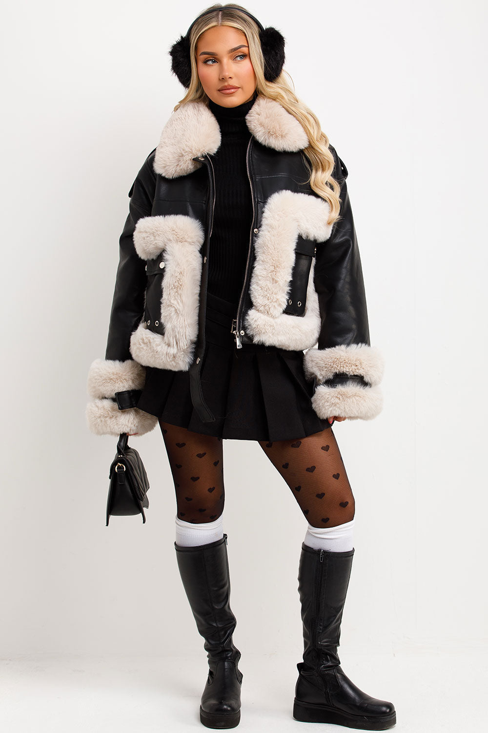 Faux Fur Trim Faux Leather Jacket Black