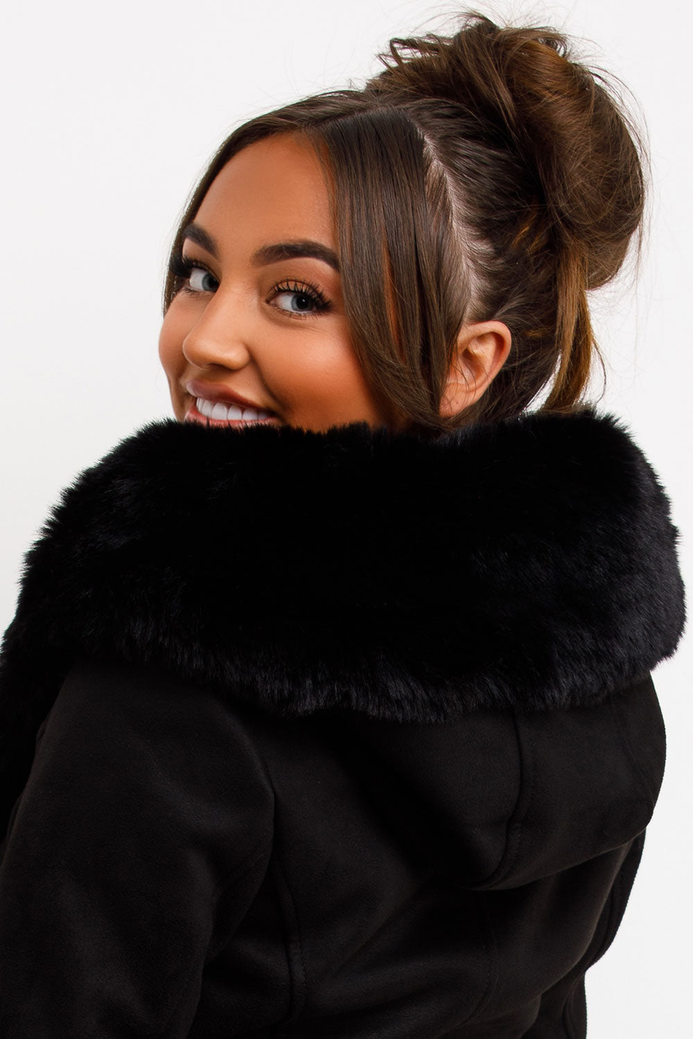 Faux Fur Faux Suede Jacket With Belt Black