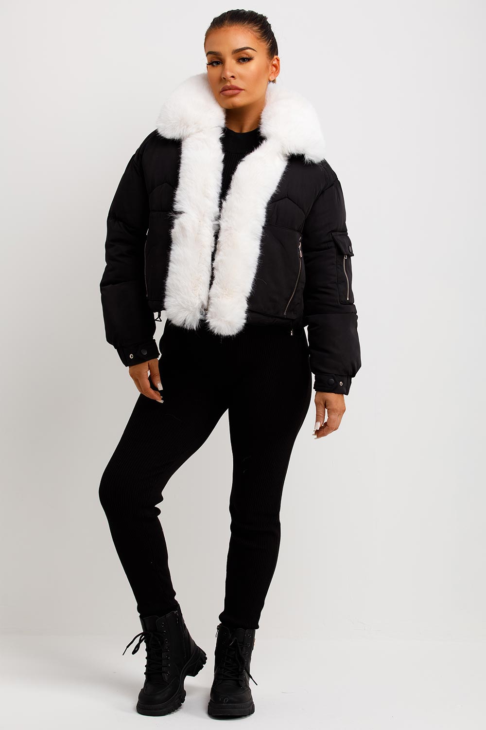 Puffer Jacket With Fur Trim Black