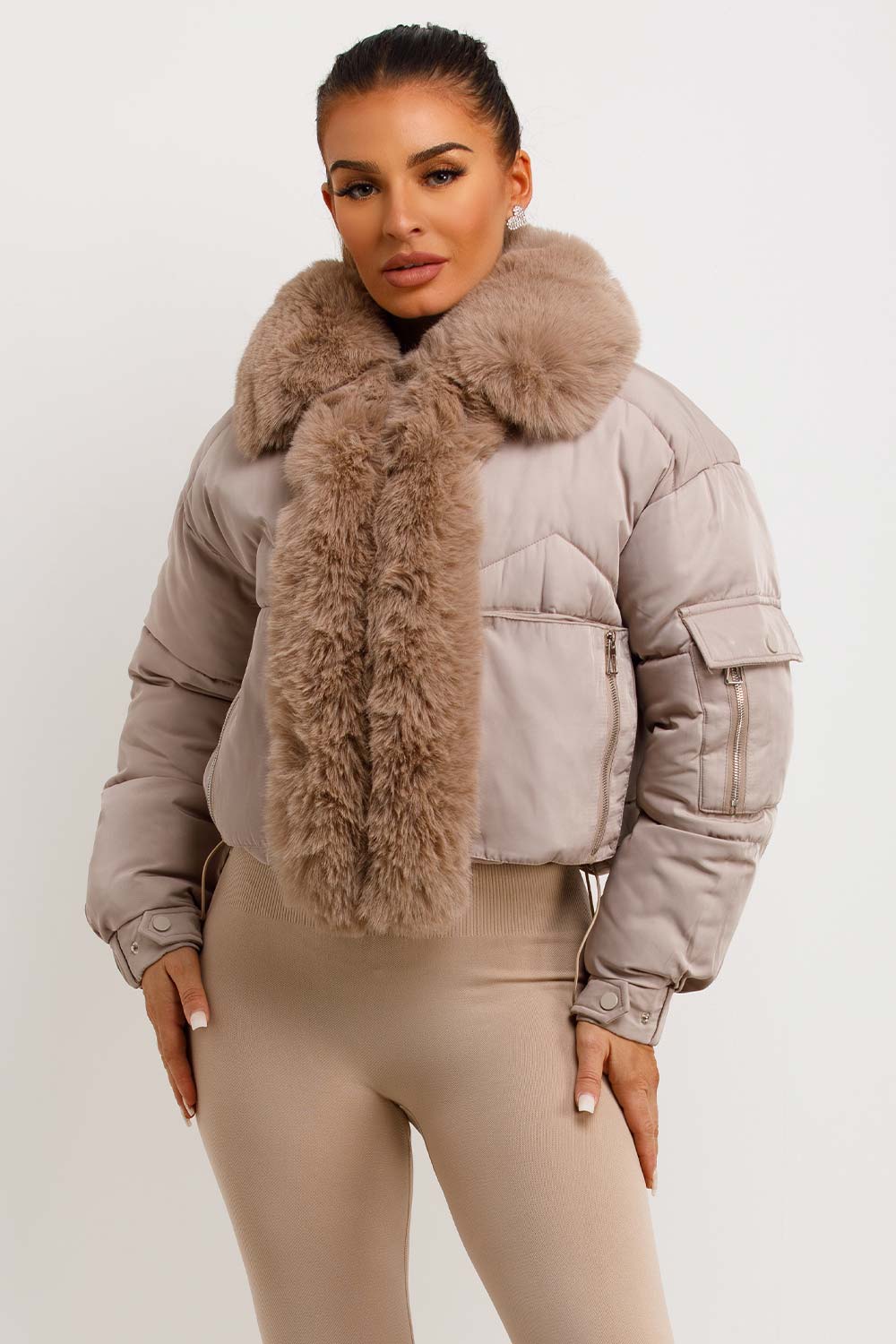 Puffer Jacket With Fur Trim Beige