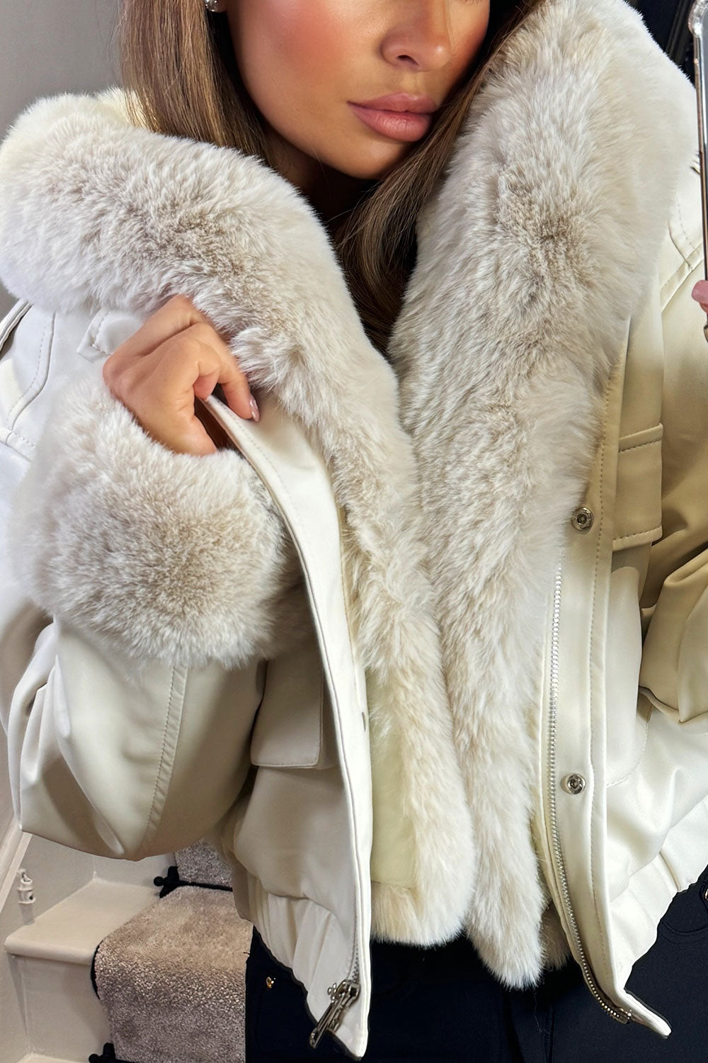 Faux Fur Bomber Jacket In Faux Leather Beige