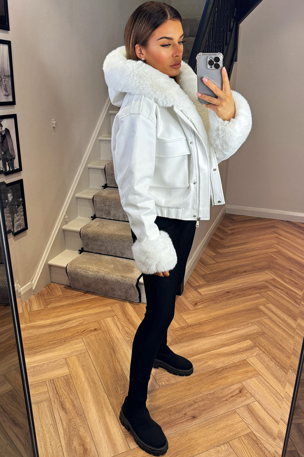 Faux Fur Bomber Jacket In Faux Leather White