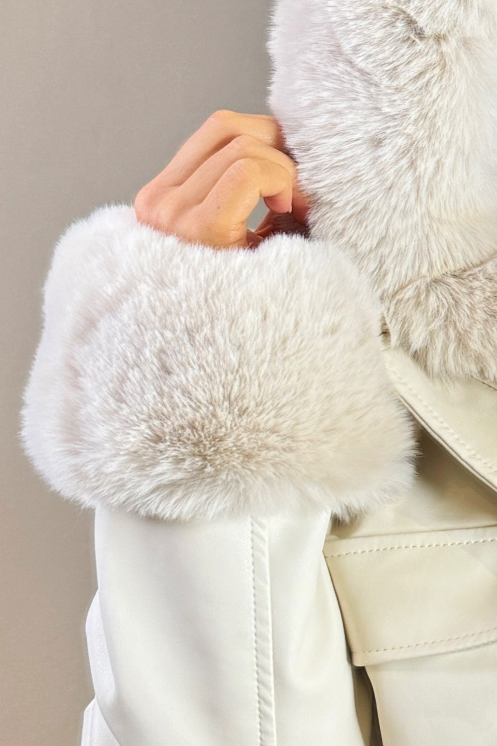 Faux Fur Bomber Jacket In Faux Leather Beige