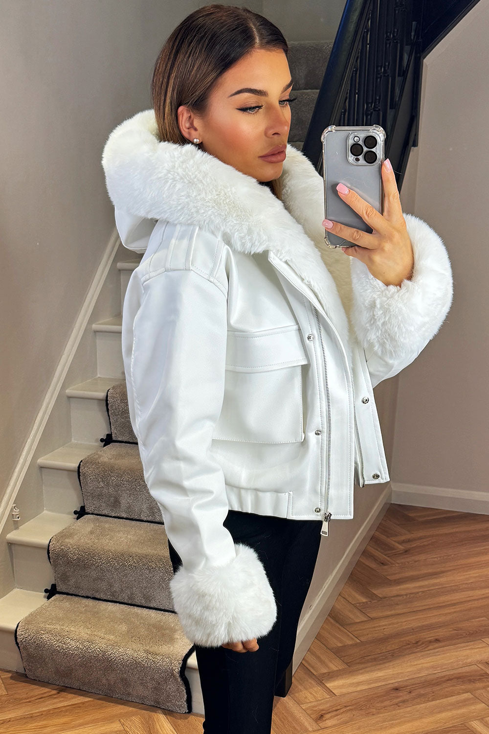 Faux Fur Bomber Jacket In Faux Leather White