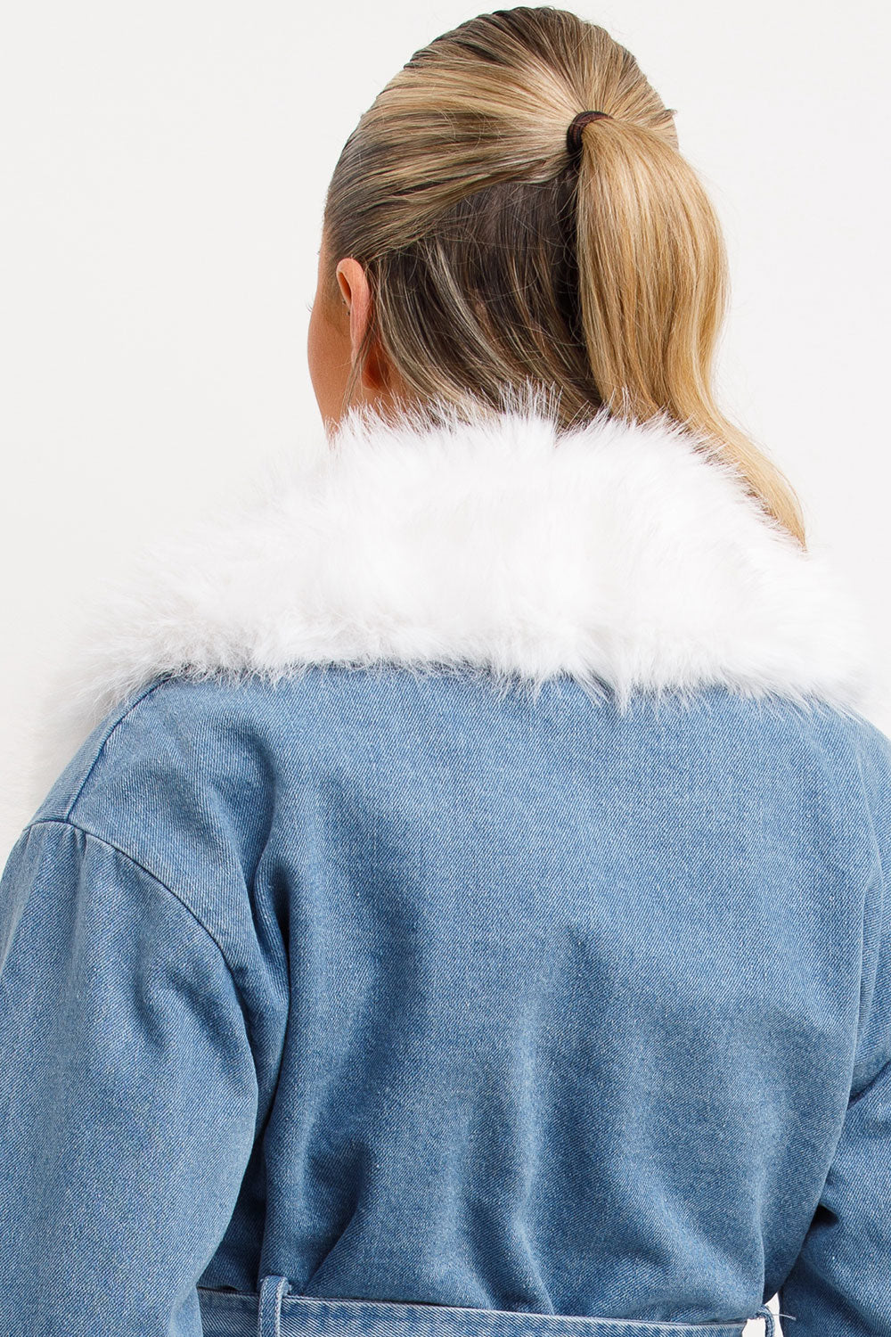 White Fur Denim Jacket With Belt