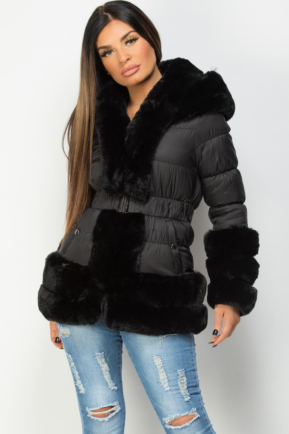 Faux Fur Trim Puffer Hooded Down Jacket With Belt