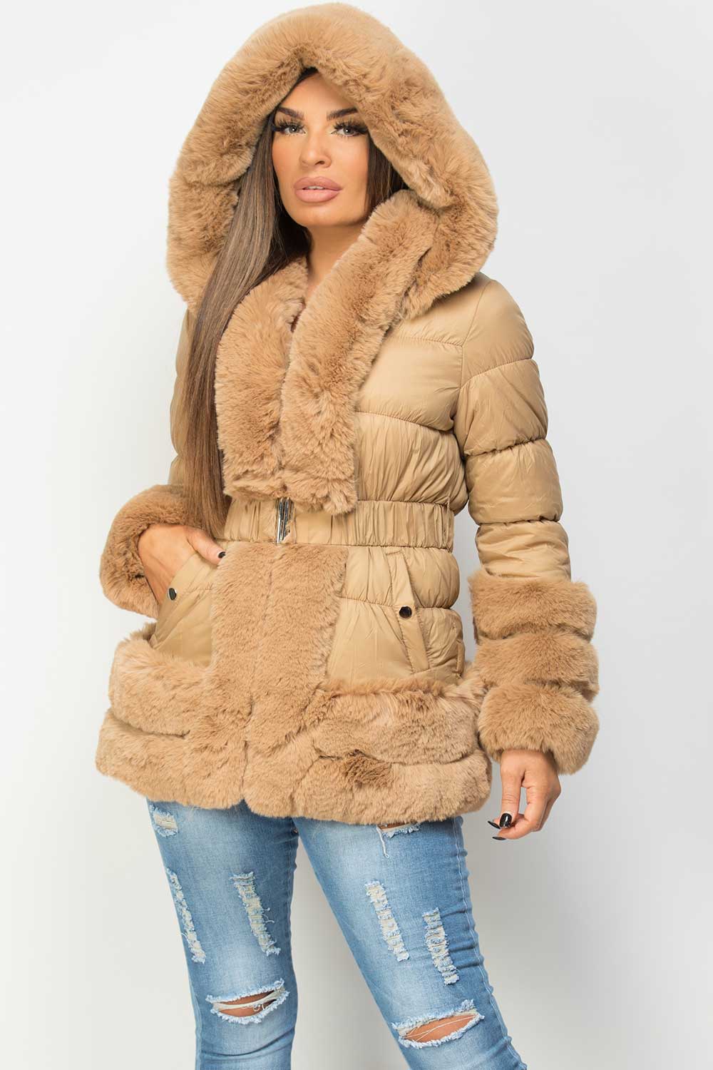 Faux Fur Trim Puffer Hooded Down Jacket With Belt Camel