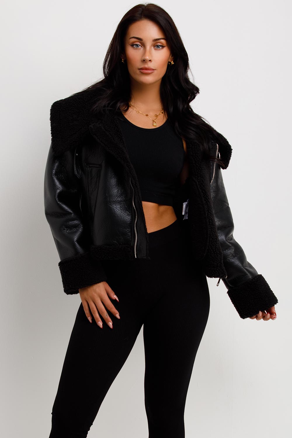 Black Faux Leather Aviator Jacket With Belt