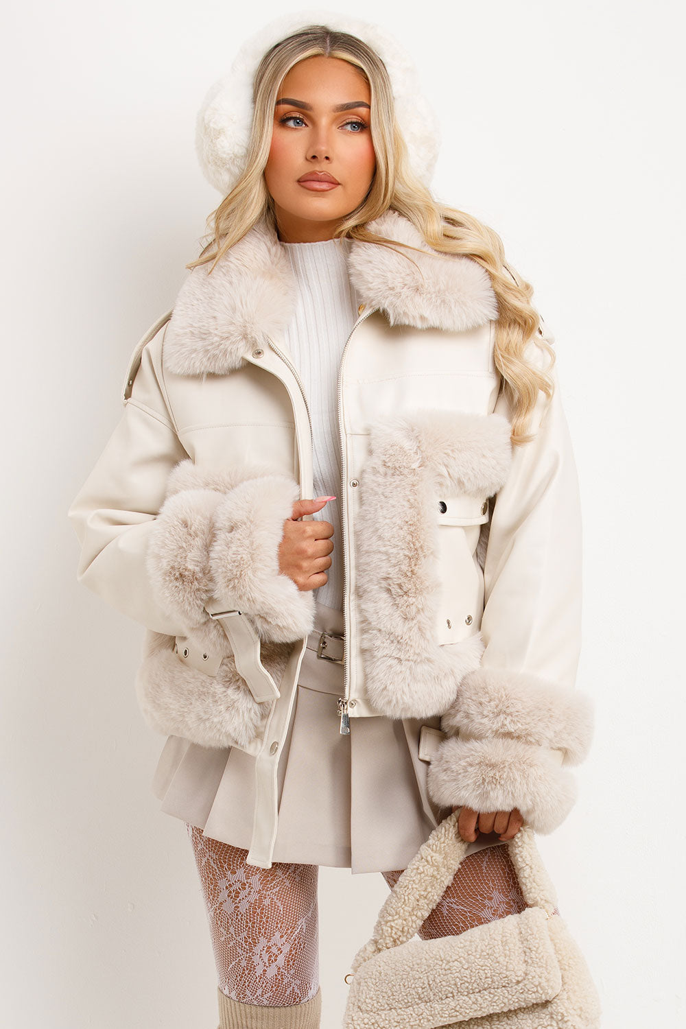 Faux Fur Trim Faux Leather Jacket Beige