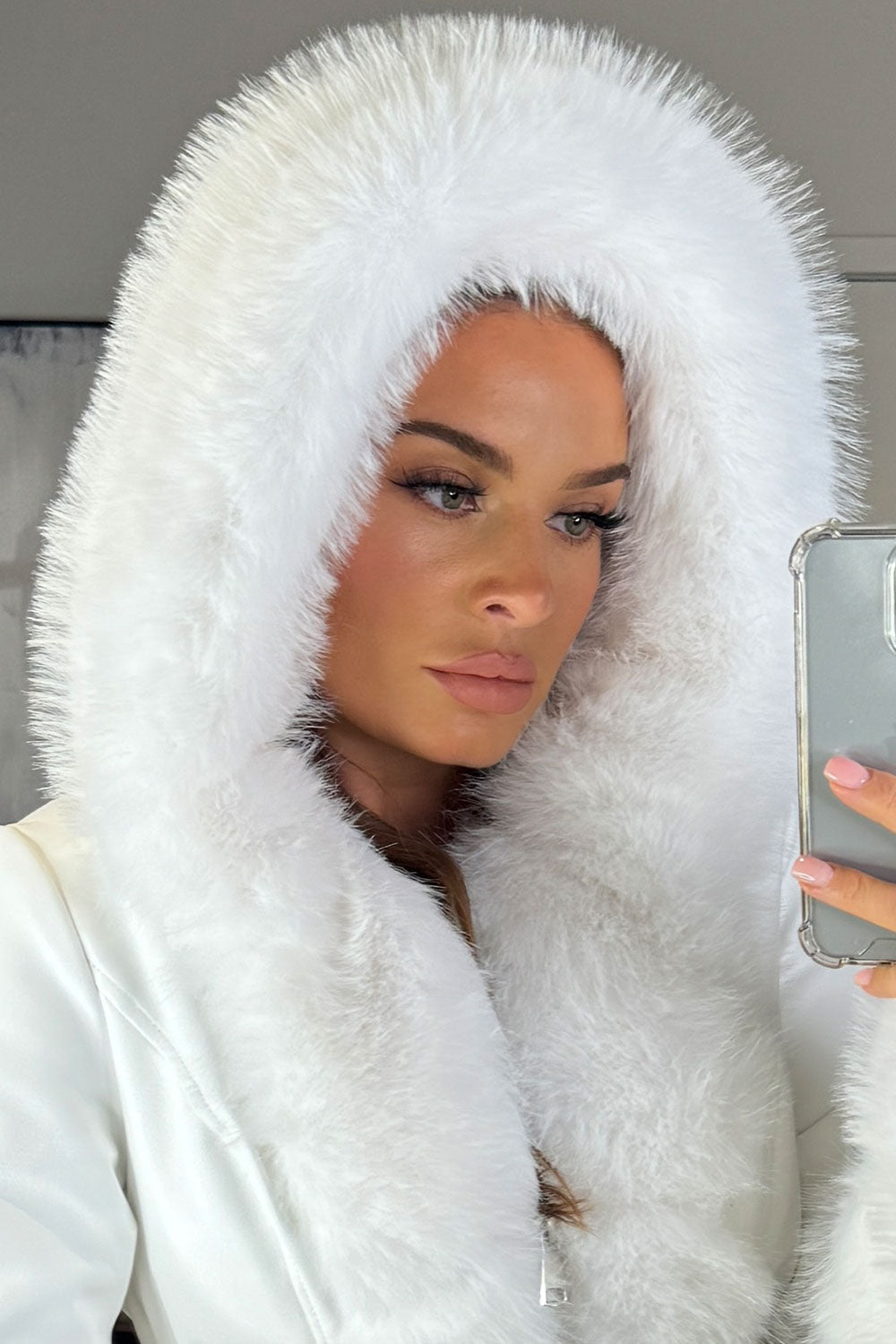 Faux Leather Fur Coat With Hood And Belt White