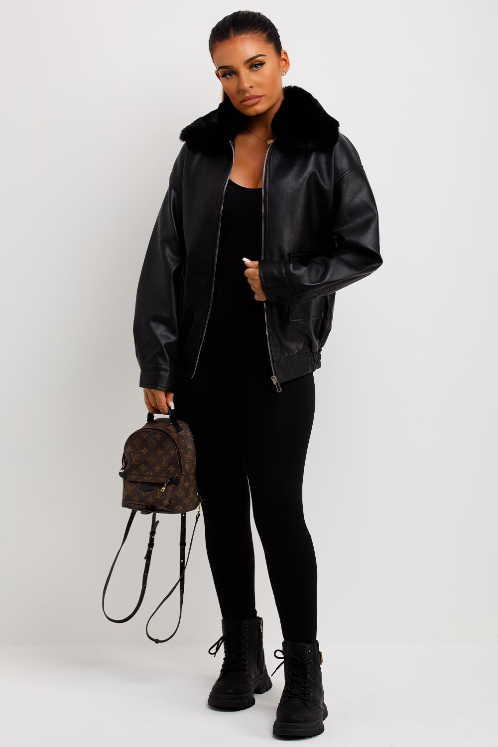 Faux Leather Jacket With Faux Fur Collar Black