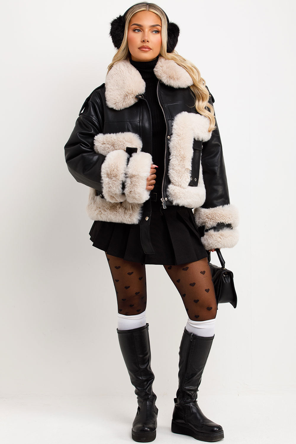 Faux Fur Trim Faux Leather Jacket Black