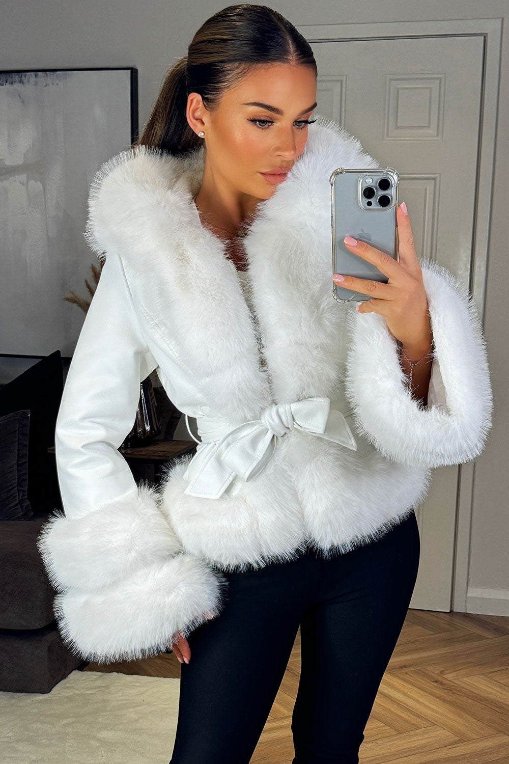 Faux Leather Fur Coat With Hood And Belt White