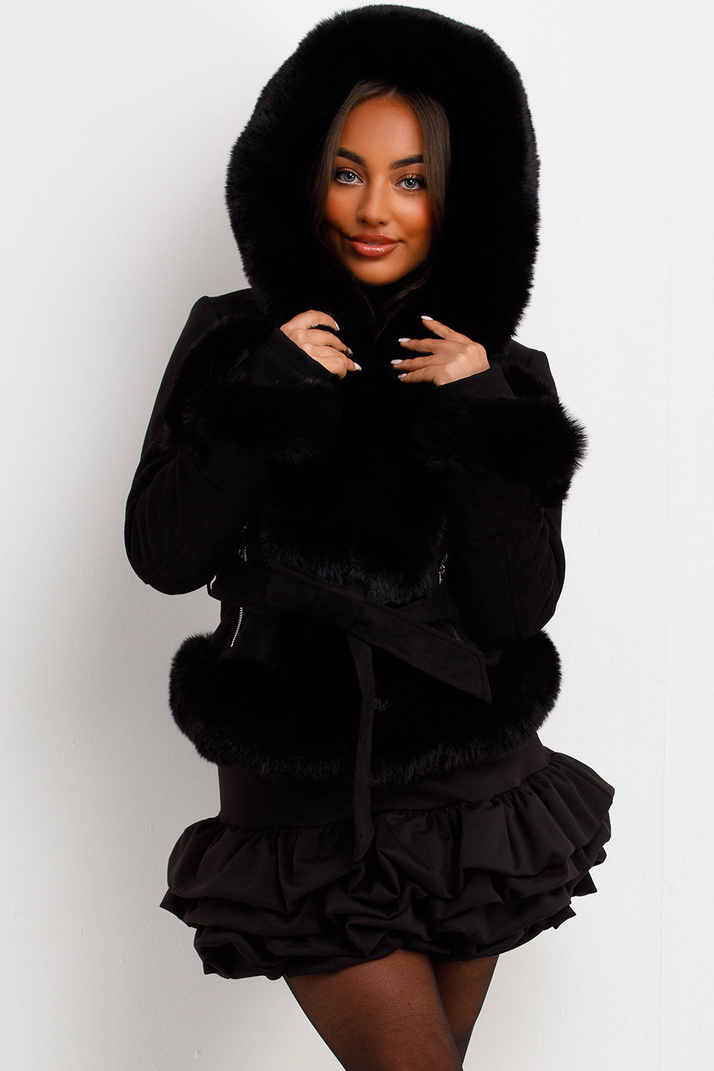 Faux Fur Faux Suede Jacket With Belt Black