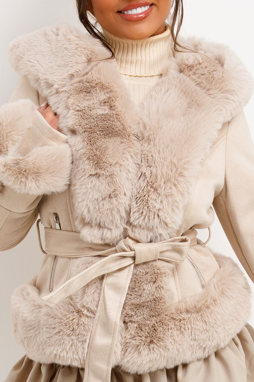 Faux Fur Faux Suede Jacket With Belt Beige