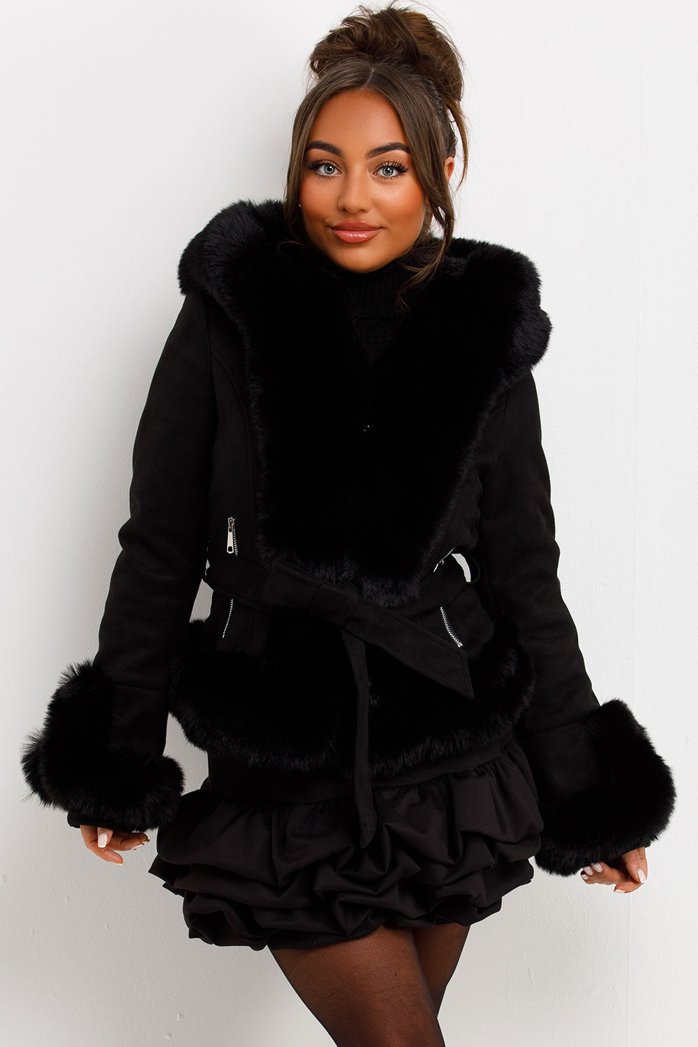 Faux Fur Faux Suede Jacket With Belt Black