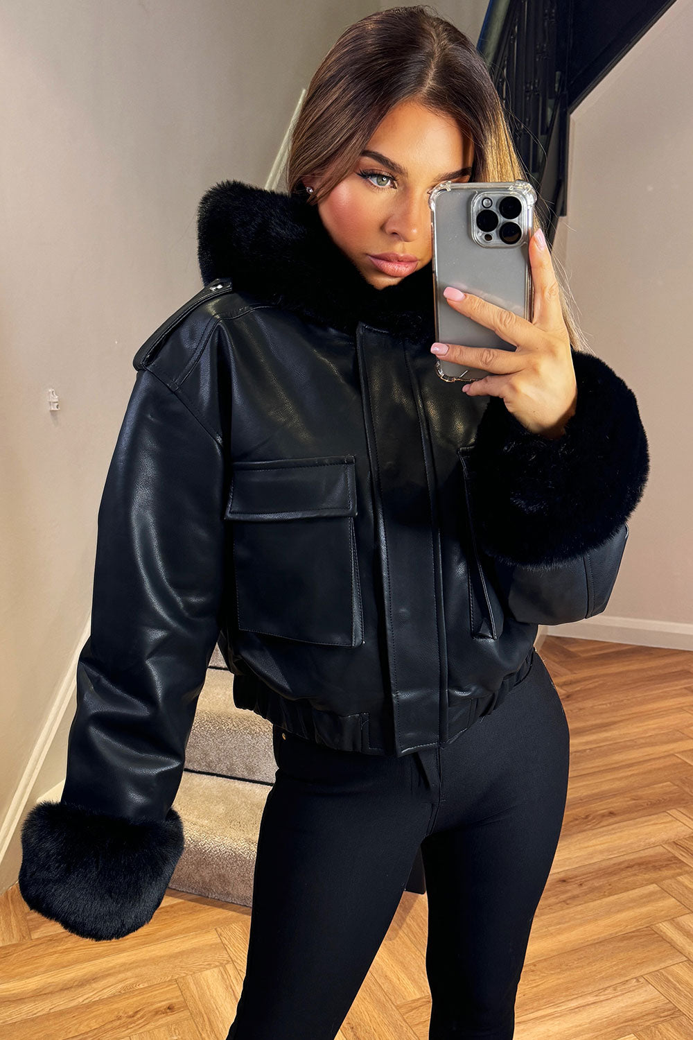 Faux Fur Bomber Jacket In Faux Leather Black