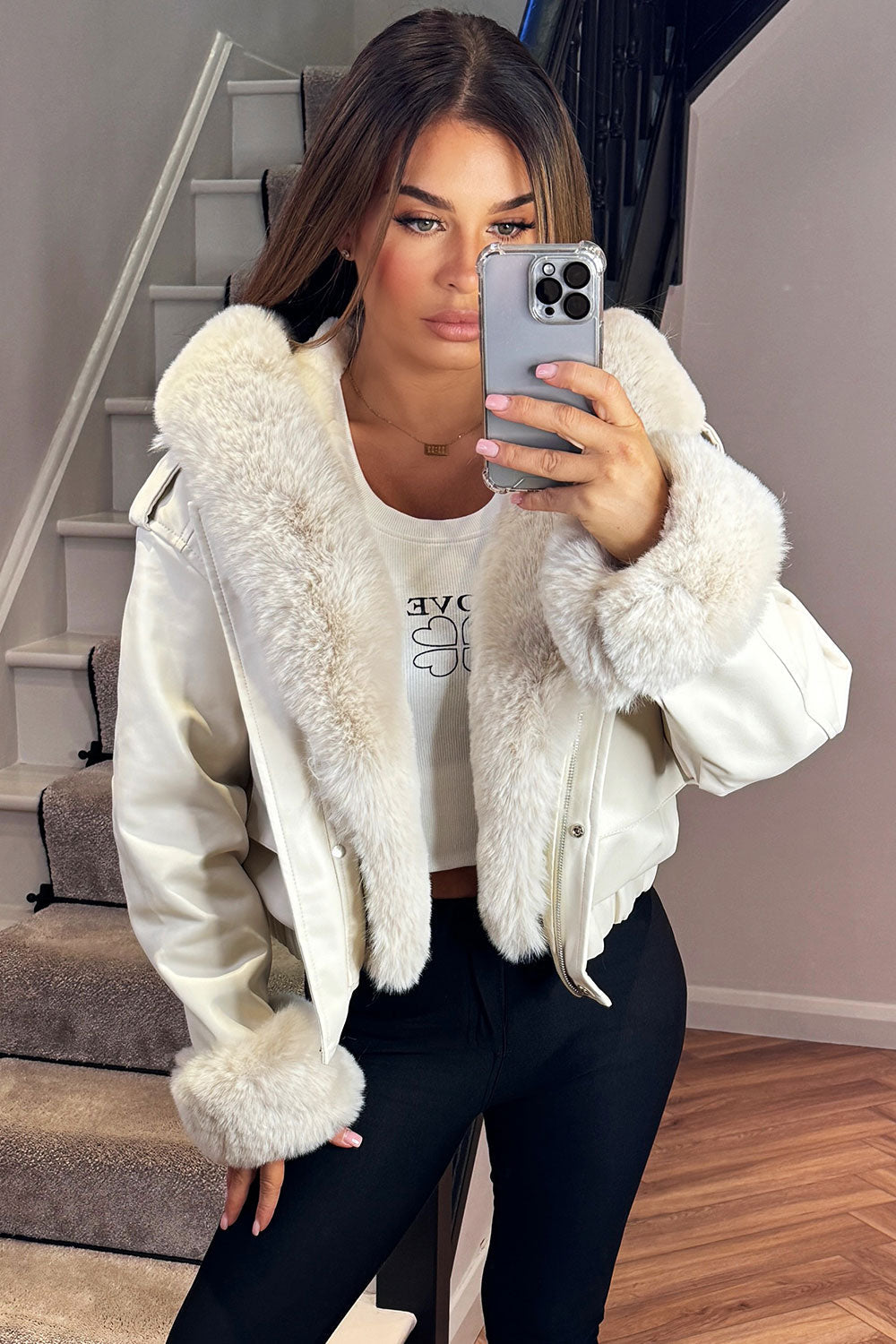 Faux Fur Bomber Jacket In Faux Leather Beige