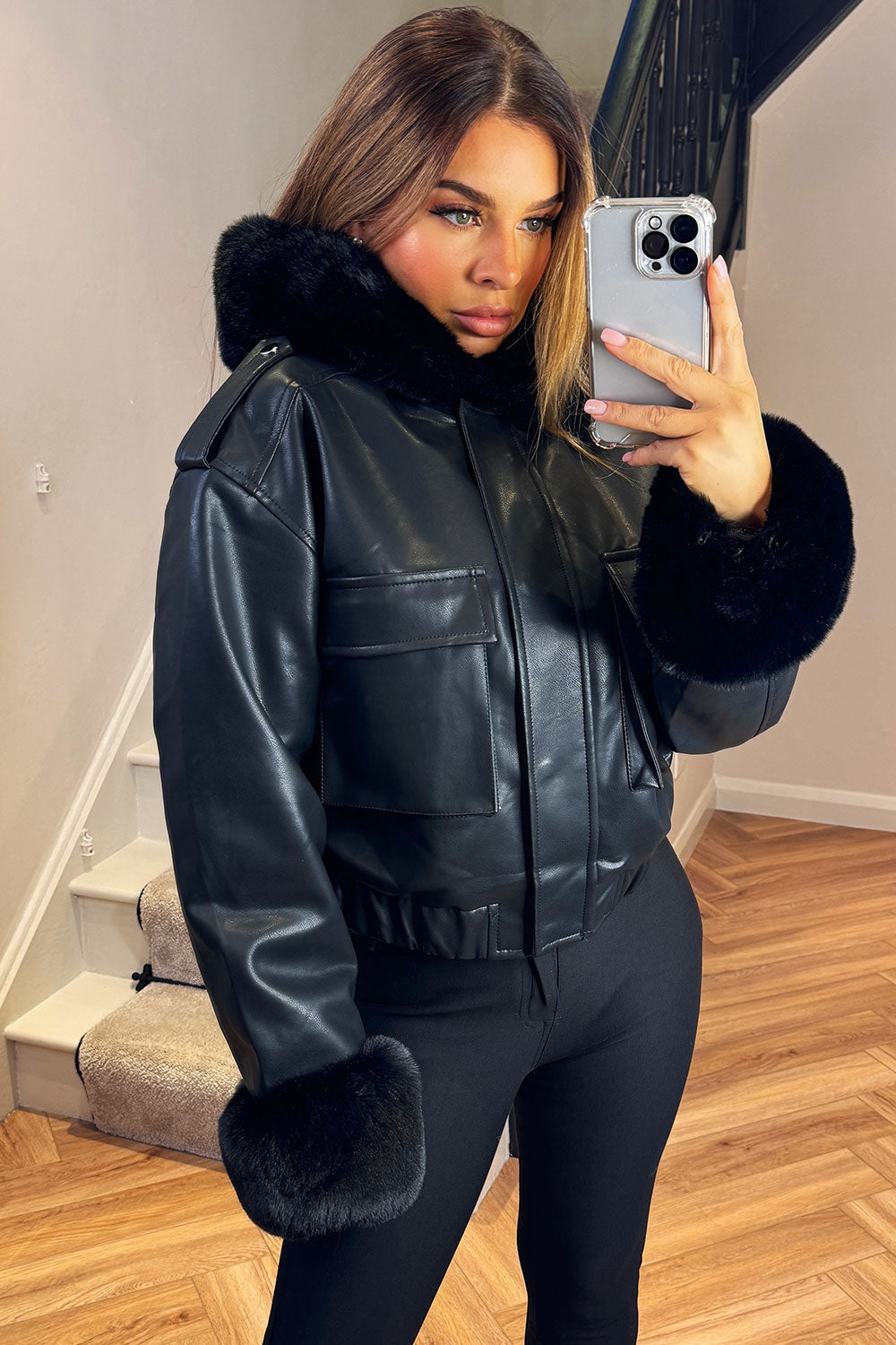 Faux Fur Bomber Jacket In Faux Leather Black