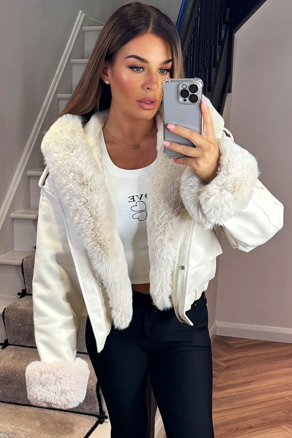 Faux Fur Bomber Jacket In Faux Leather Beige