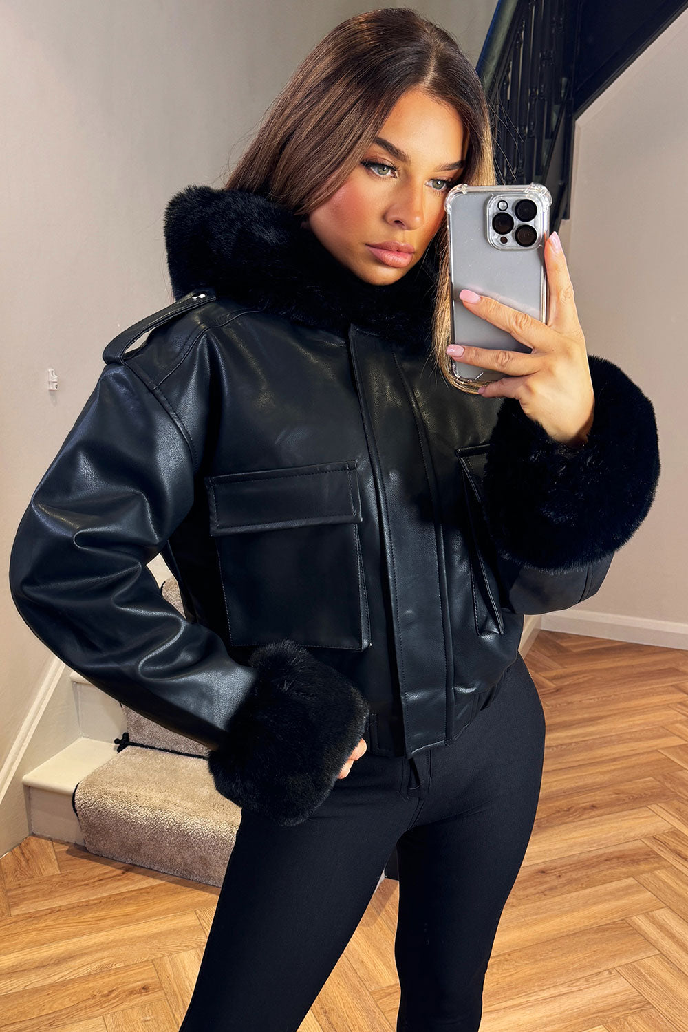 Faux Fur Bomber Jacket In Faux Leather Black