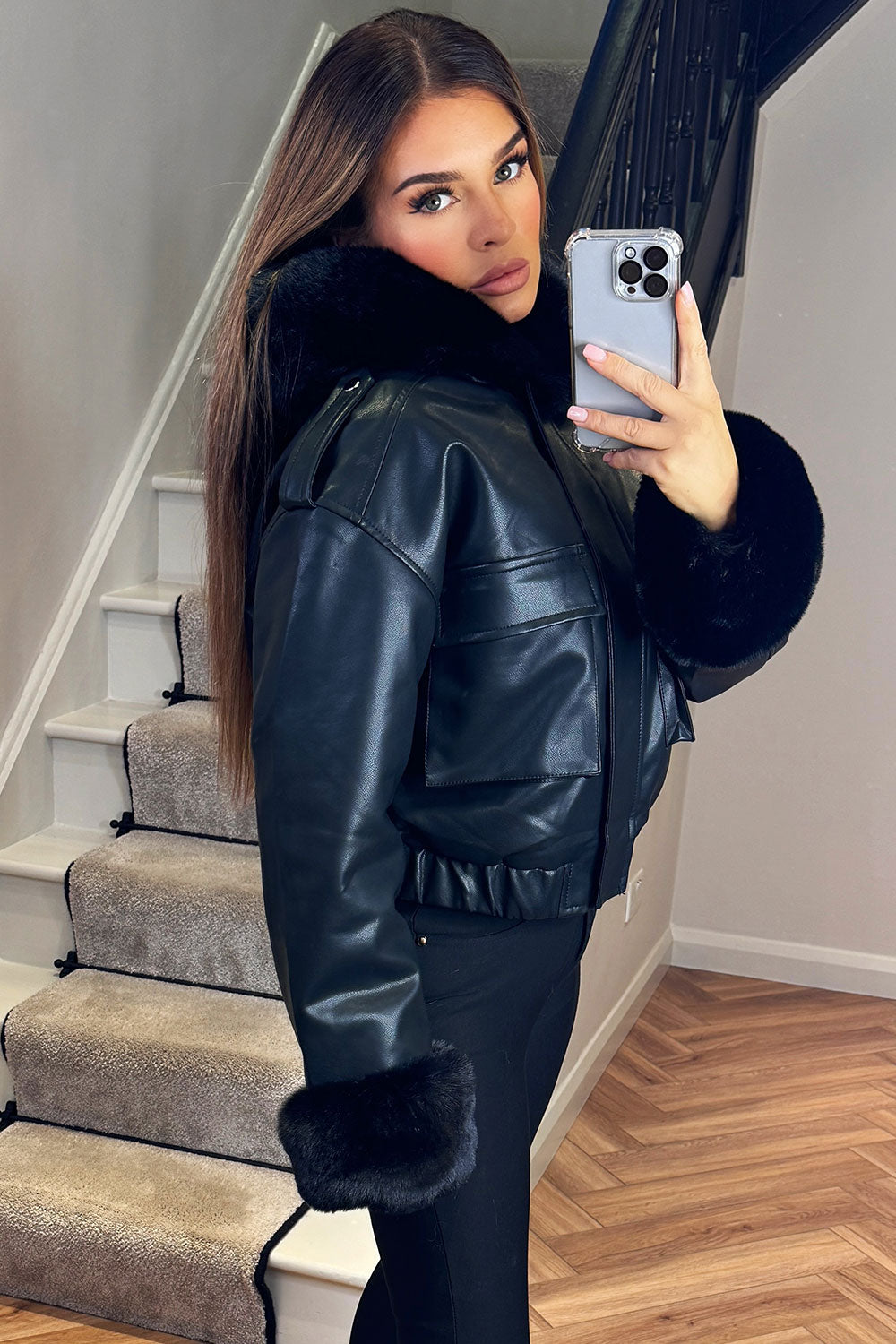 Faux Fur Bomber Jacket In Faux Leather Black