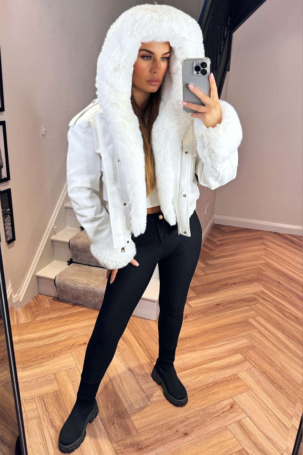 Faux Fur Bomber Jacket In Faux Leather White