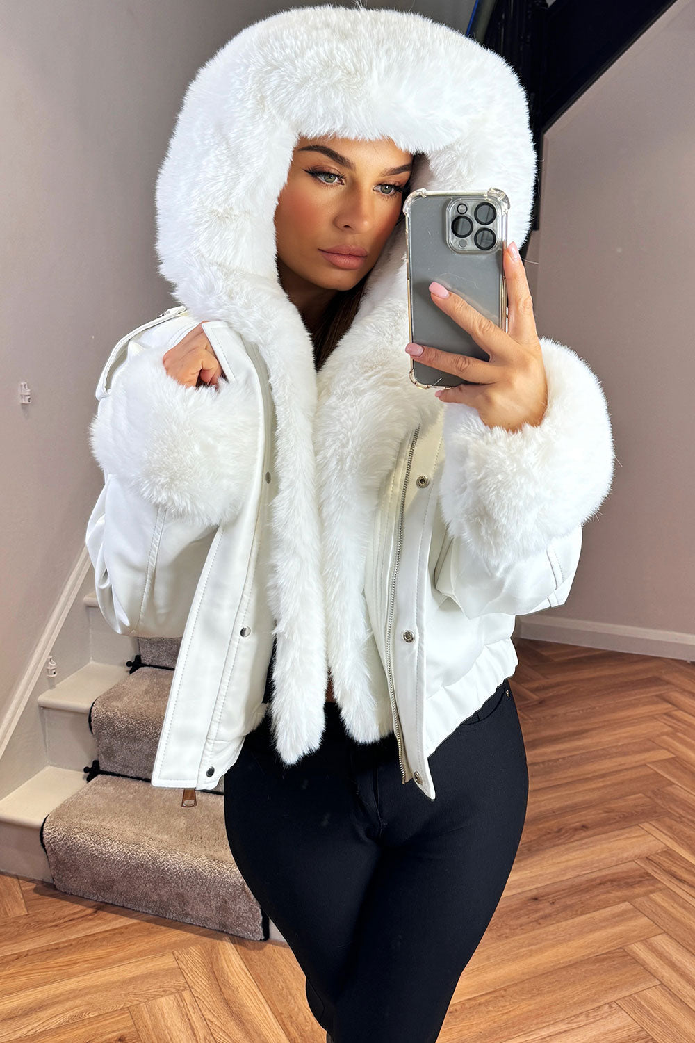 Faux Fur Bomber Jacket In Faux Leather White