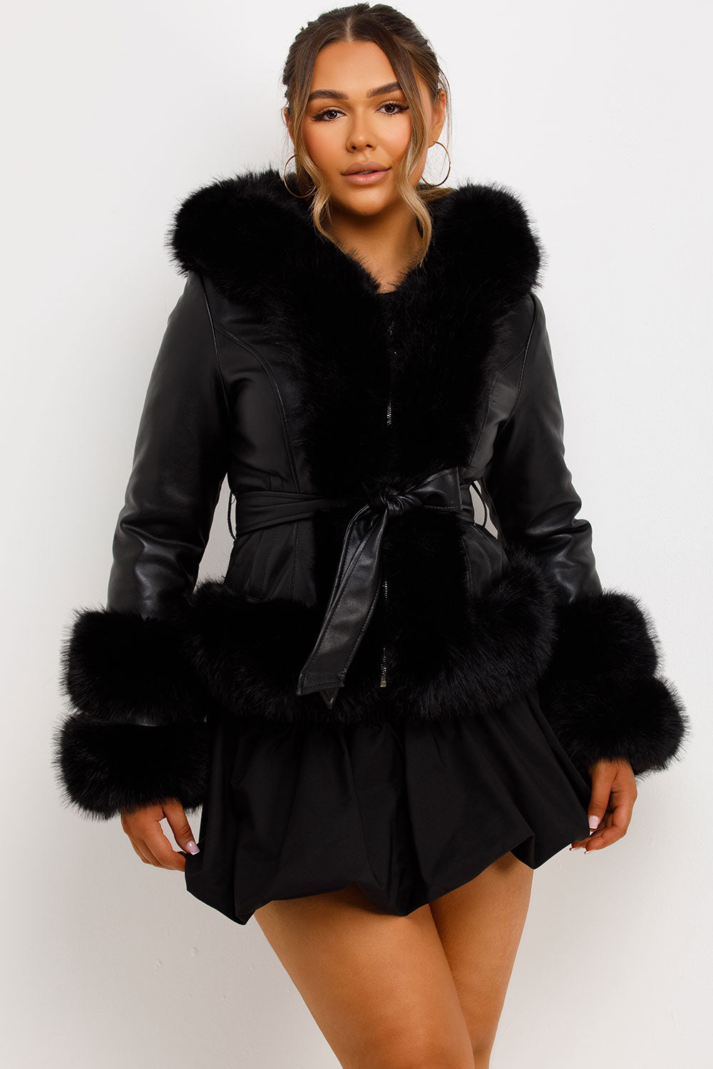 Faux Leather Fur Coat With Hood And Belt Black