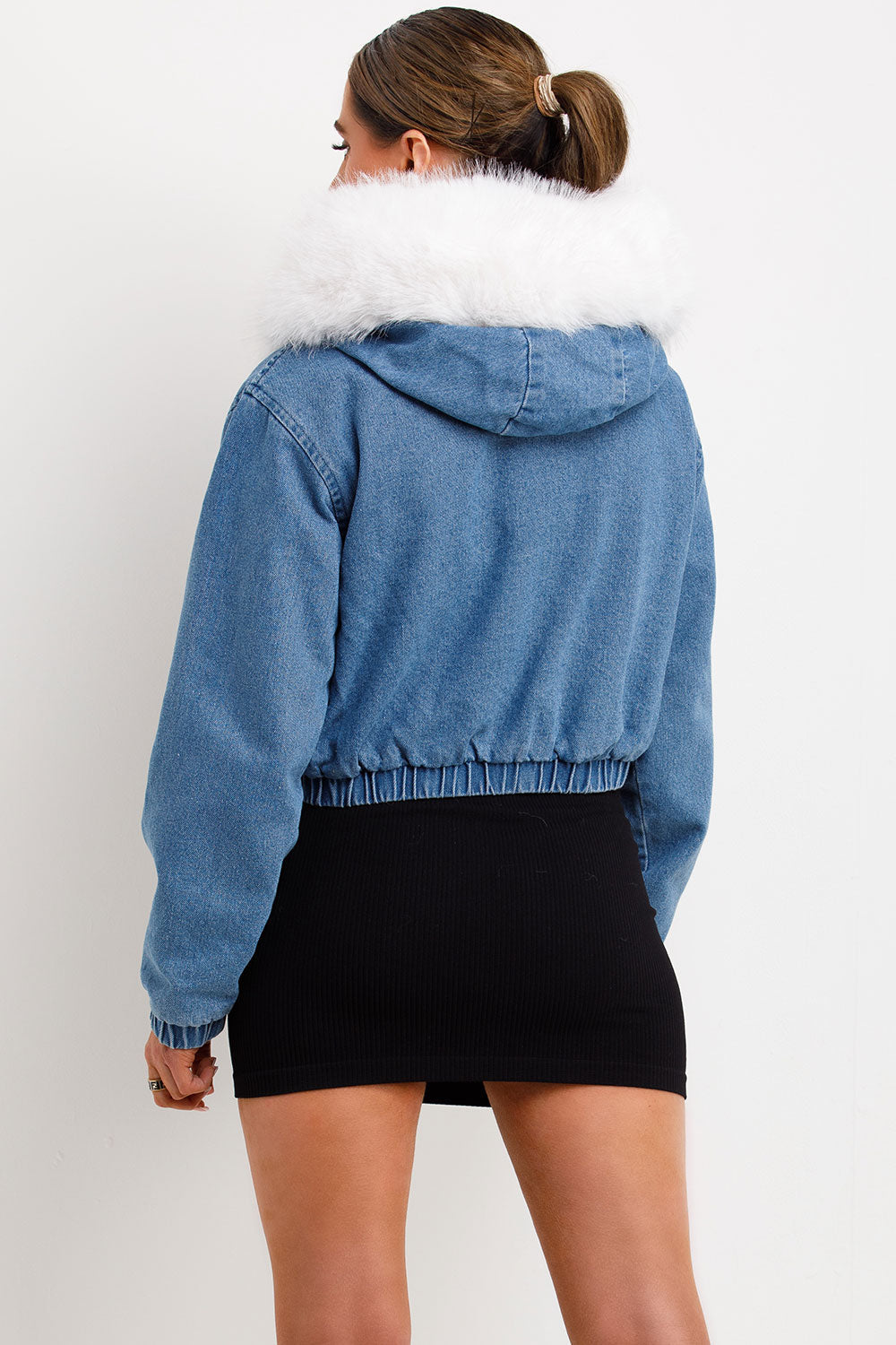 Denim Bomber Jacket With White Faux Fur Hood And Trim