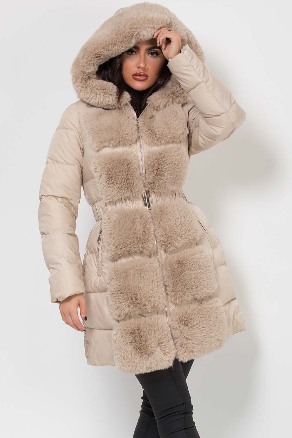 Long Puffer Coat With Faux Fur Hood And Trim Beige