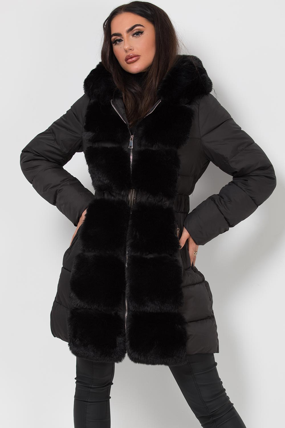 Long Puffer Coat With Faux Fur Hood And Trim Black