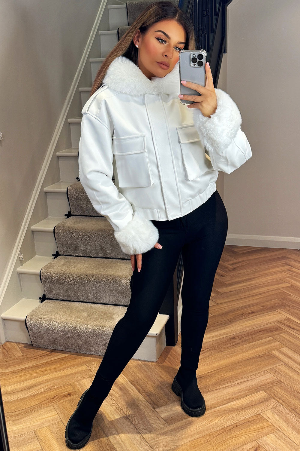 Faux Fur Bomber Jacket In Faux Leather White