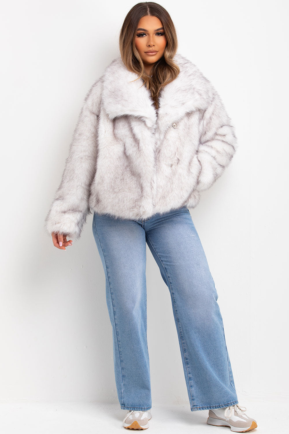 White Faux Fur Jacket With Collar