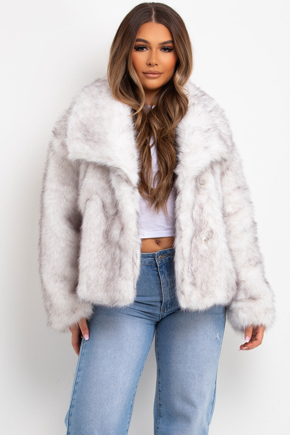 White Faux Fur Jacket With Collar