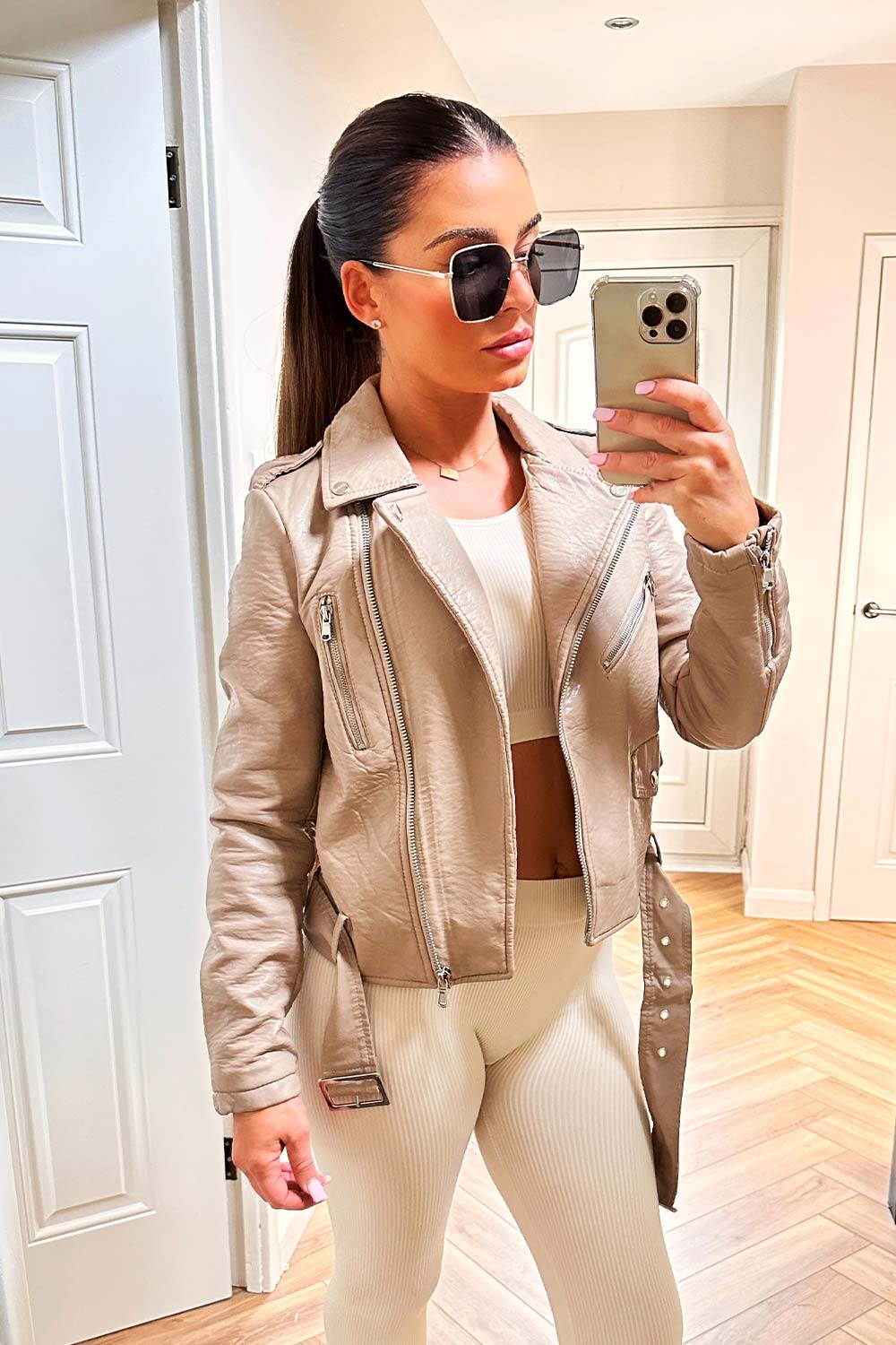 Faux Leather Jacket Beige