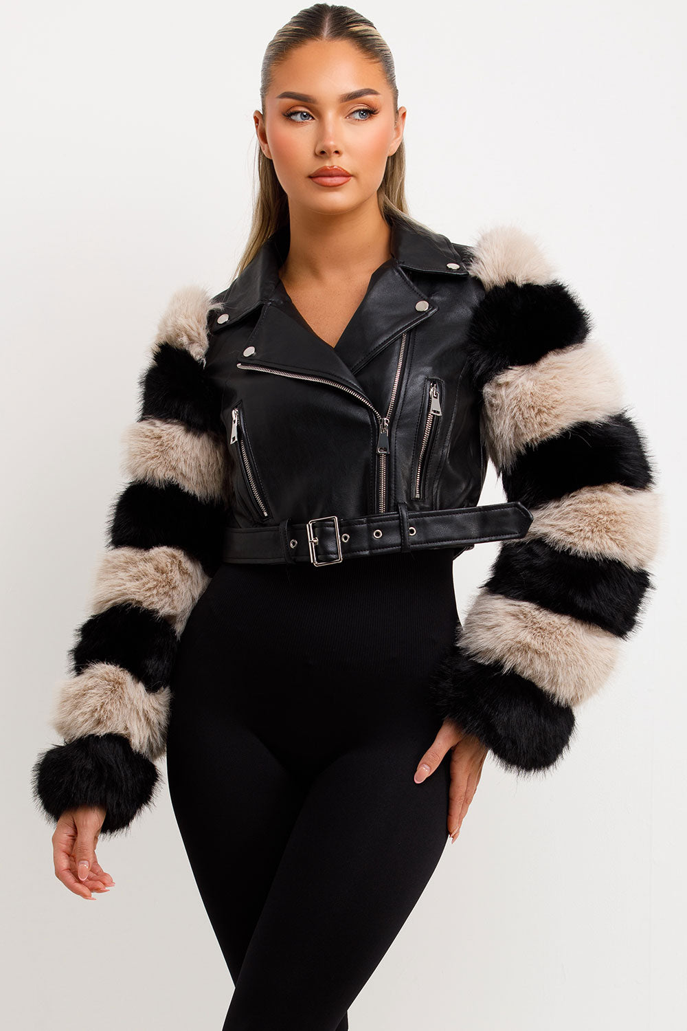 Faux Fur Faux Leather Aviator Jacket Black Contrast