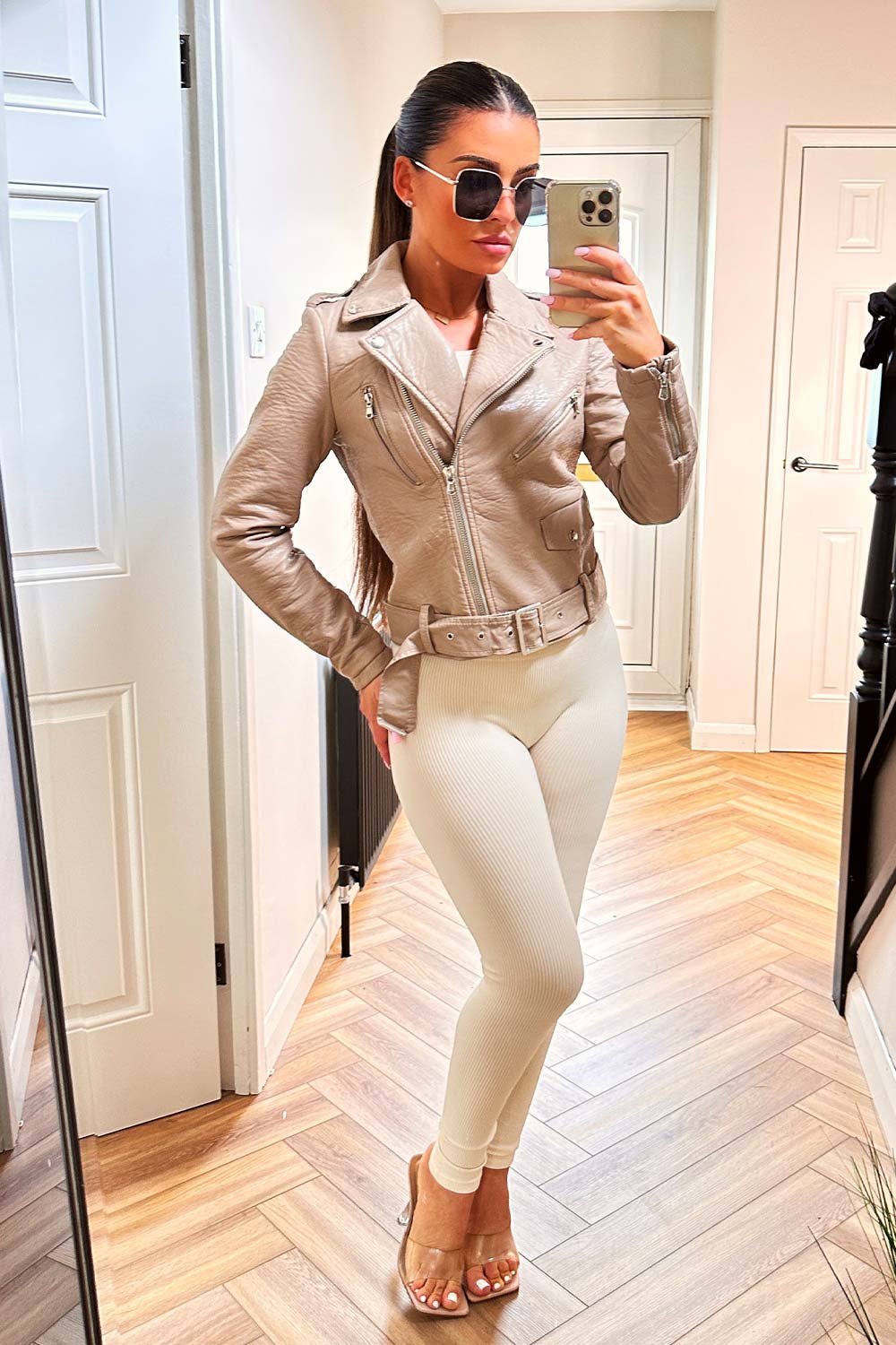 Faux Leather Jacket Beige