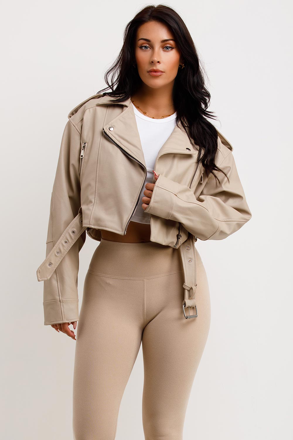 Faux Leather Jacket Beige